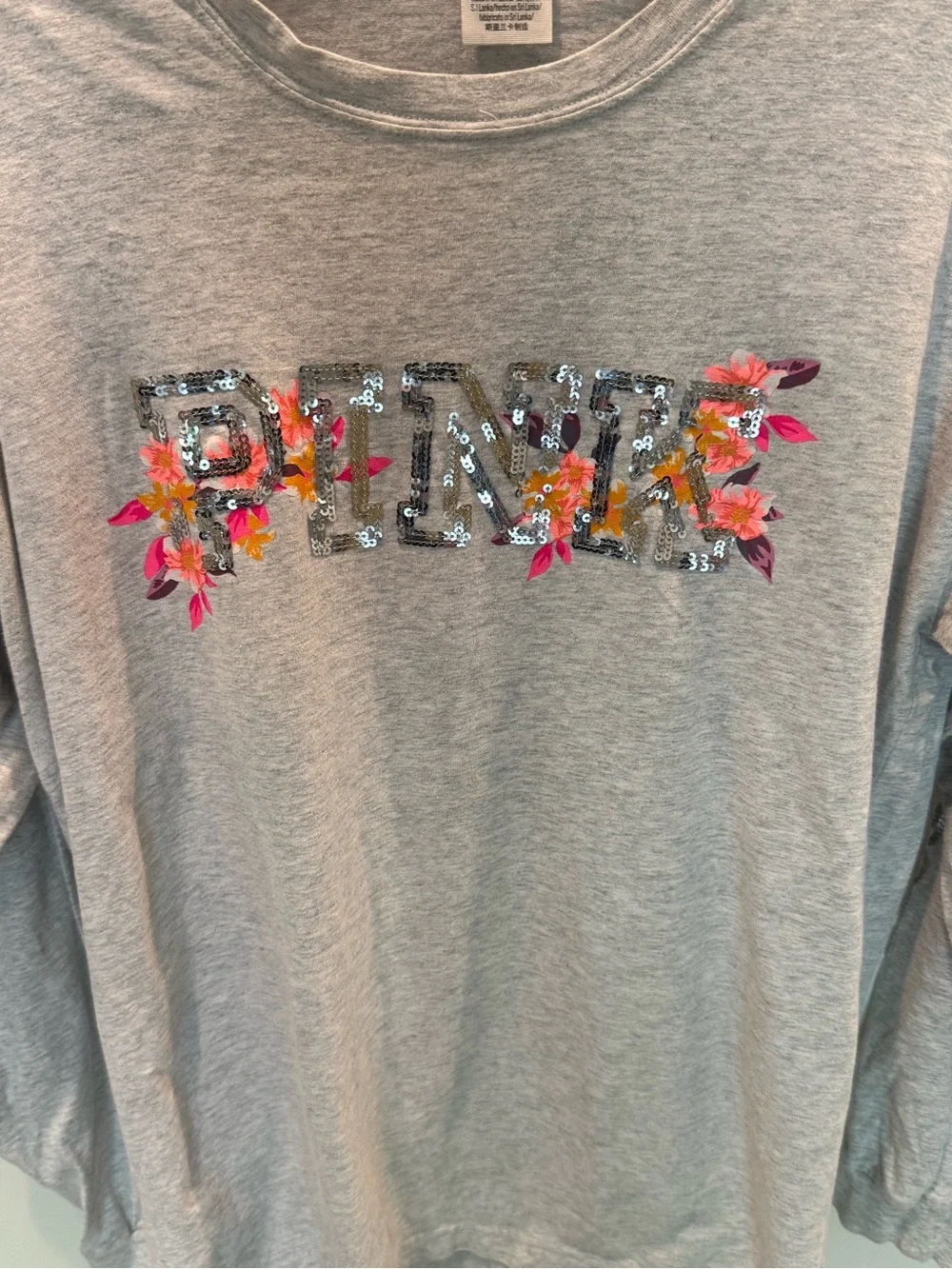 PINK Victoria's Secret Light Gray Long-Sleeve Tee with Sequin Floral Logo - Picture 2 of 5